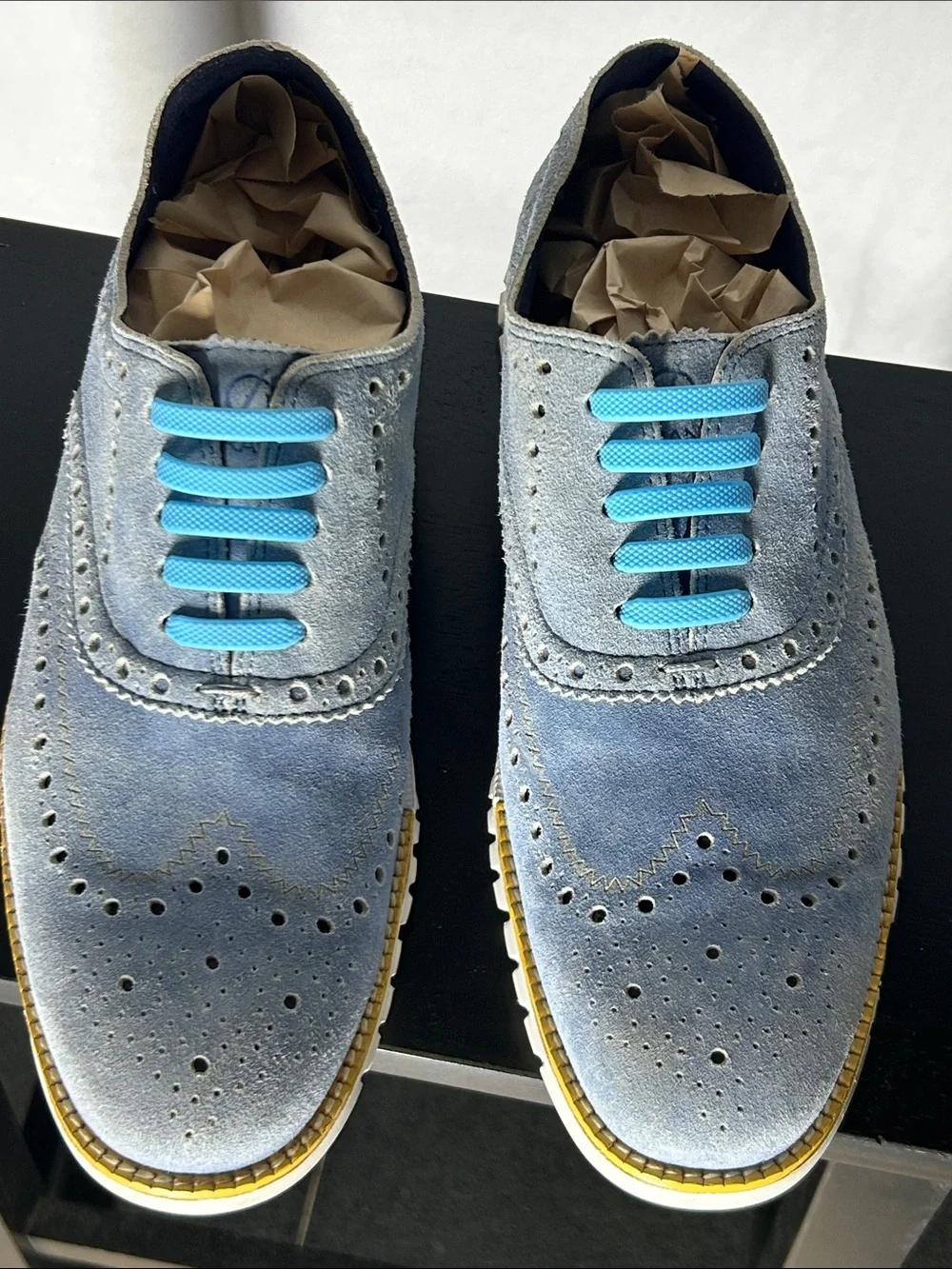 Cole Haan Light Blue Suede Wingtip Oxfords with Bright Blue Laces